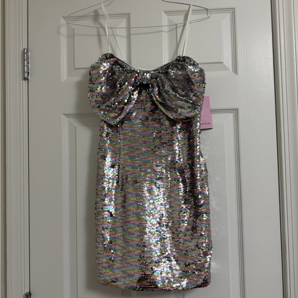 AVEC LES FILLES Fun Party T Swift Concert GNO Rainbow Sequin Mini Dress NWT S